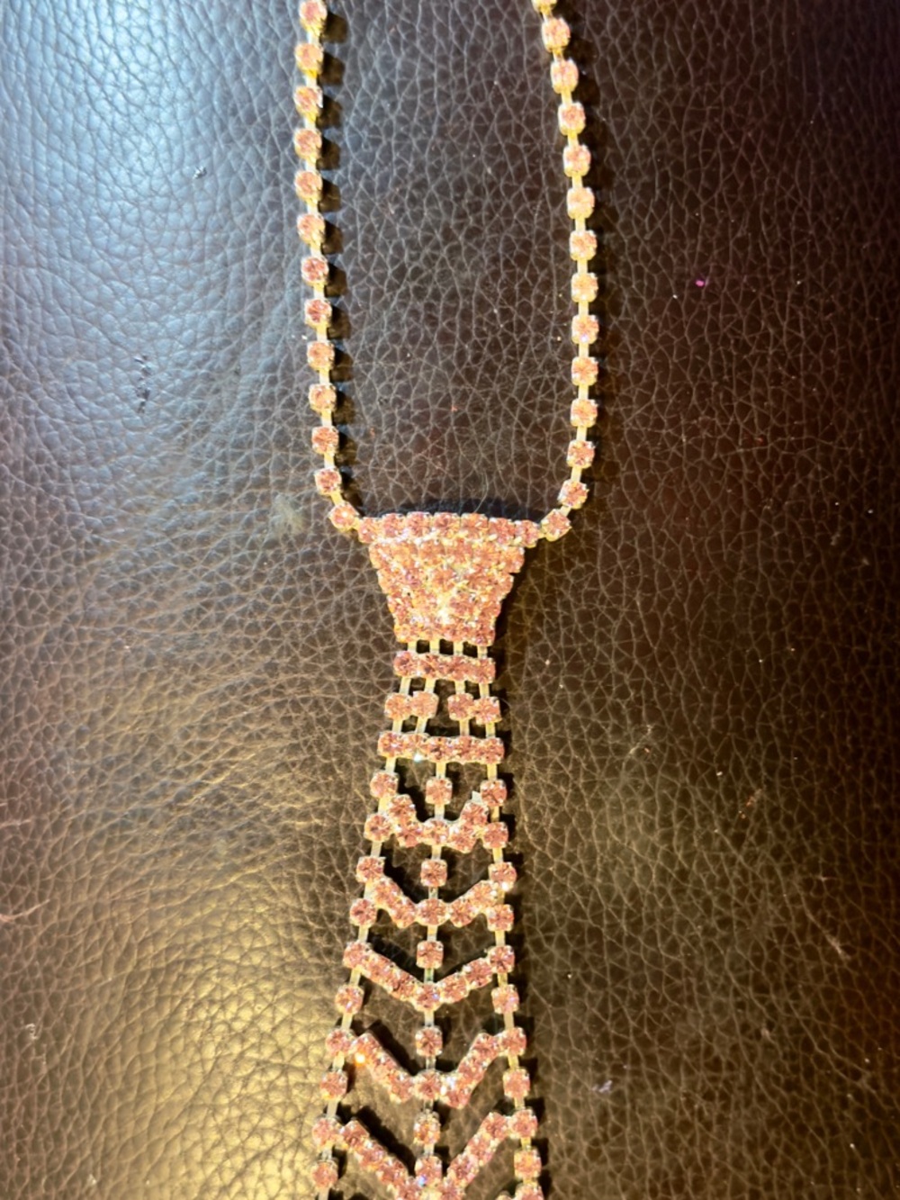Pink Crystal necktie Necklace Jewelry. Bright and sparkly. Silver toned.